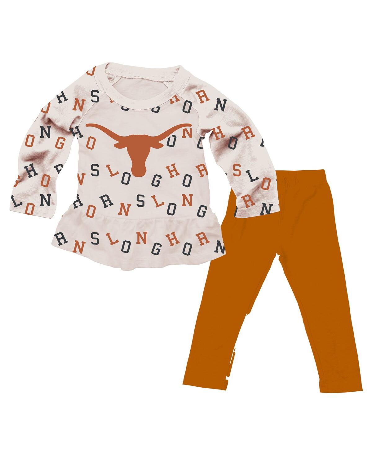 Wes & Willy Babies' Girls Toddler 2-piece Oatmeal Texas Longhorns Ruffle Raglan Long Sleeve T-shirt And Leggings Set In Brown