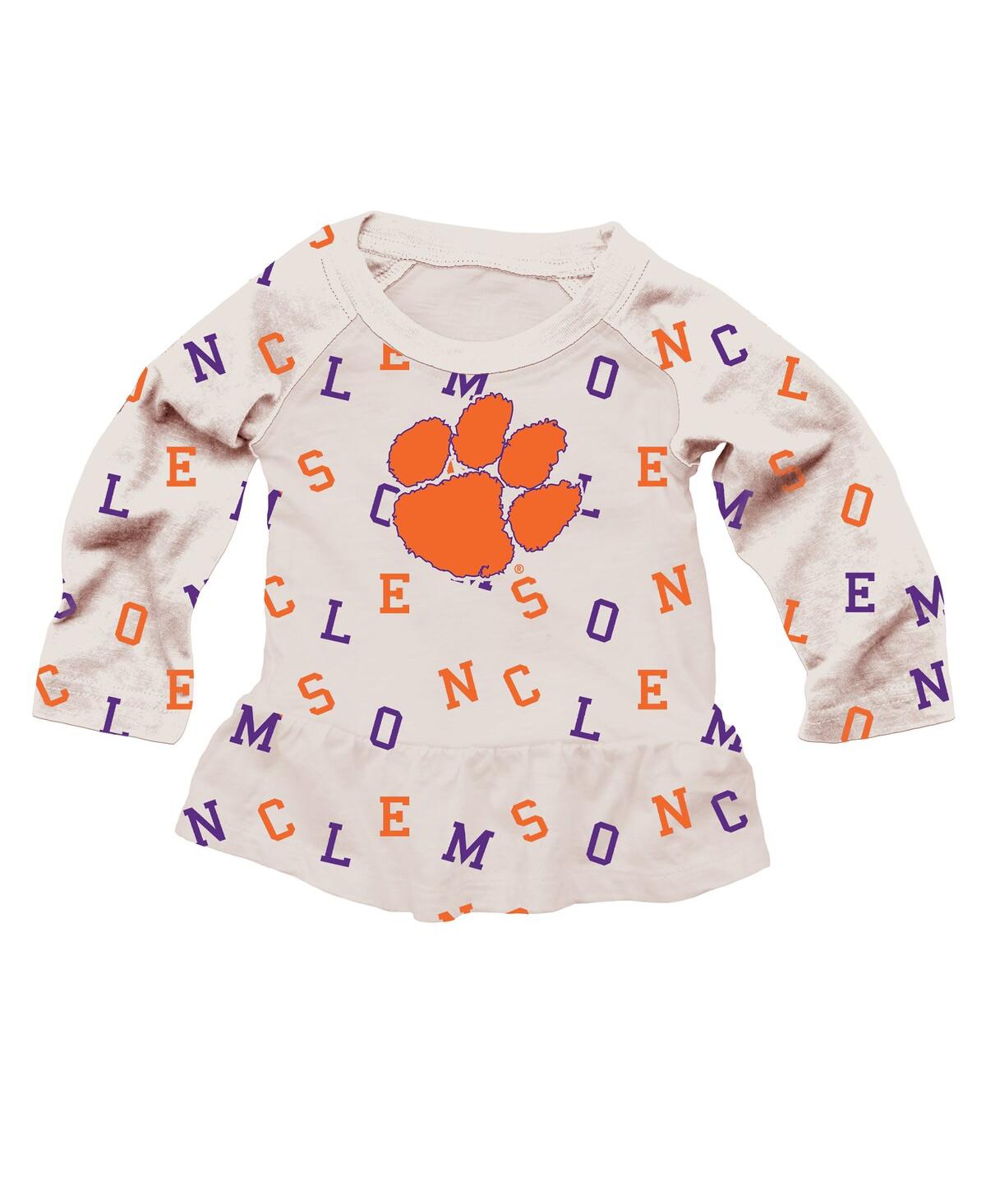 Wes & Willy Baby Girls 2-piece Oatmeal Clemson Tigers Ruffle Raglan Long Sleeve T-shirt And Leggings Set In Brown