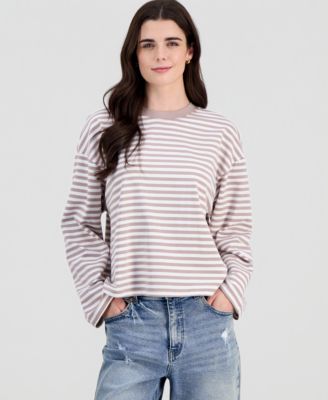 Juniors' Oversized Striped Long-Sleeve Crewneck Tee