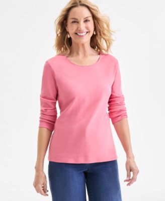 Women's Cotton Long-Sleeve Scoop-Neck Top, PP-4X, Created for Macy's