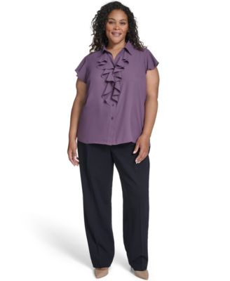 Women's Plus Size Solid Cap Sleeve Ruffle Front Top