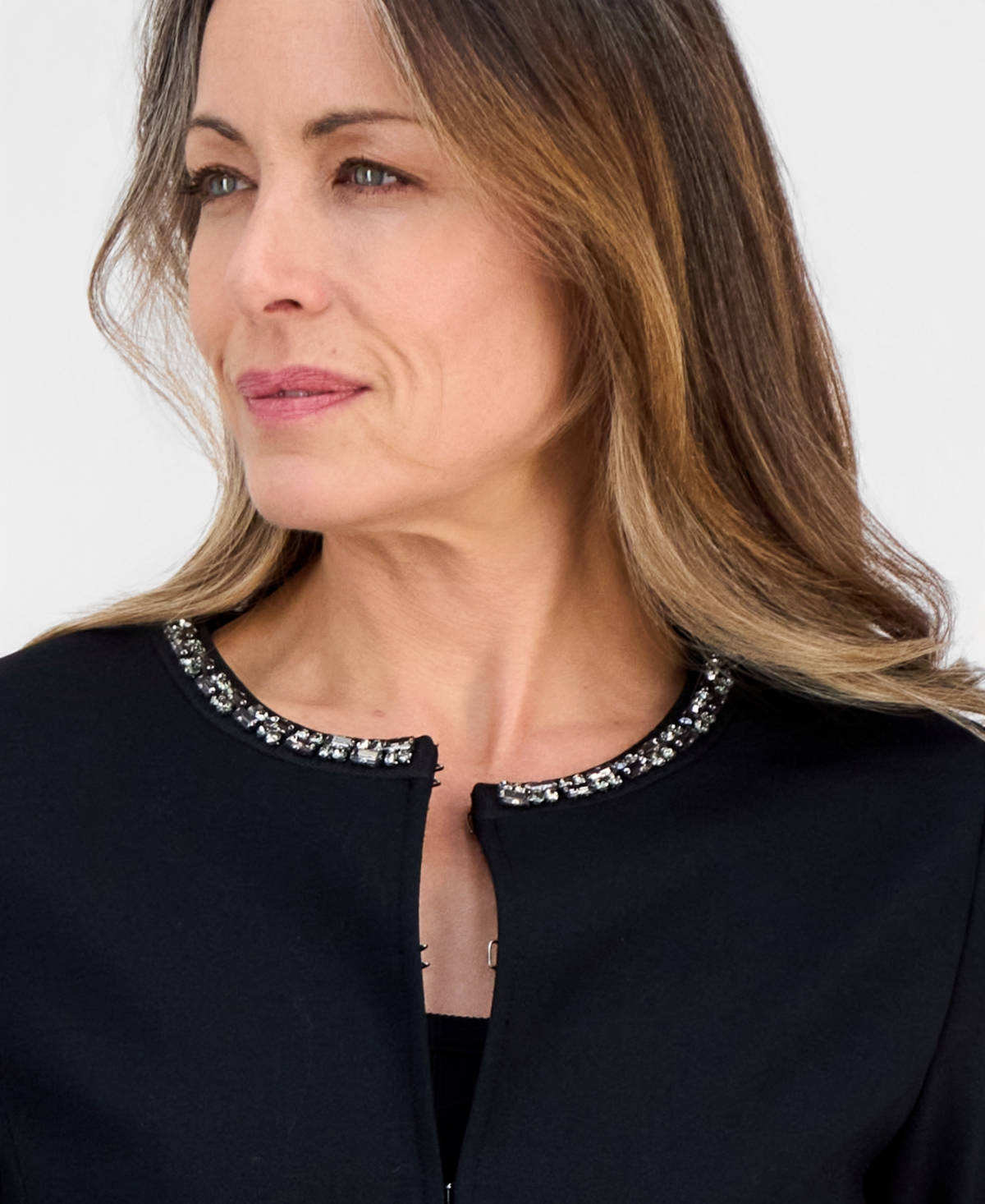 Jm Collection Petite Embellished-neck Long-sleeve Jacket, Macy's Exclusive In Black