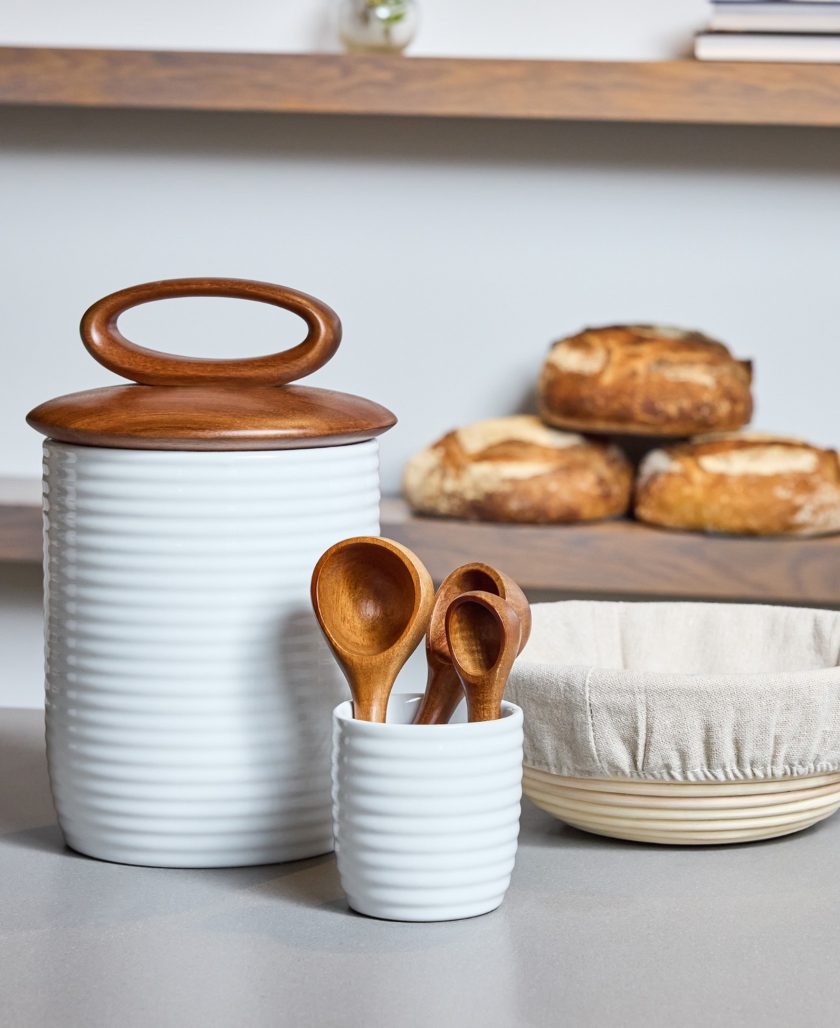 Nambe Breaking Bread Measuring Spoons And Canister, Set Of Four In White