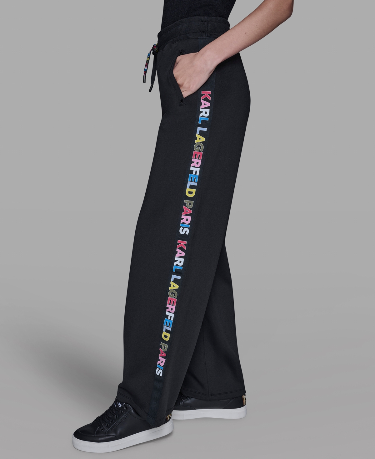 Karl Lagerfeld Petite Velour Rhinestone Trim Track Pant In Black