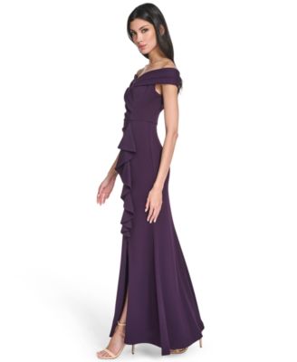 Petite Off Shoulder Pleated Ruffle Gown