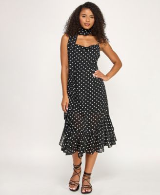 Juniors' Polka Dot Sweetheart Neck Midi Dress with Scarf