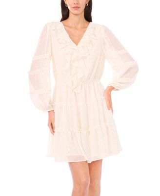 Women's Long-Sleeve Ruffle Front Tiered Mini Dress
