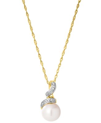 Macy's - Fresh Water Pearl (8mm) and Diamond (0.3 ct. t.w.) Accent Pendant Necklace in 14K Yellow Gold
