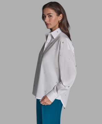 Women's Rhinestone Button-Down Collared Top
