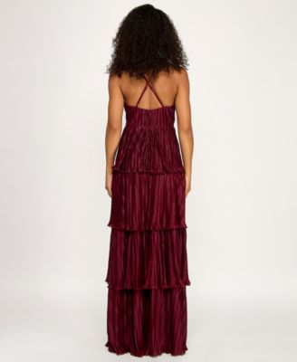 Juniors' V-Neck Ruffle-Tiered Sleeveless Gown