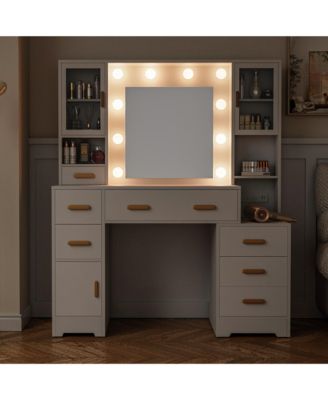 Makeup Vanity Desk with Mirror, Lights, Charging Station, 7 Drawers and 3 Cabinets