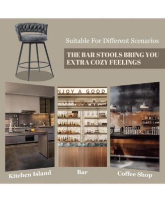 Swivel Bar Stools Set of 2, 24 Inches Modern Counter Height Bar Stools with Woven Back, Upholstered Suede Tall Barstools