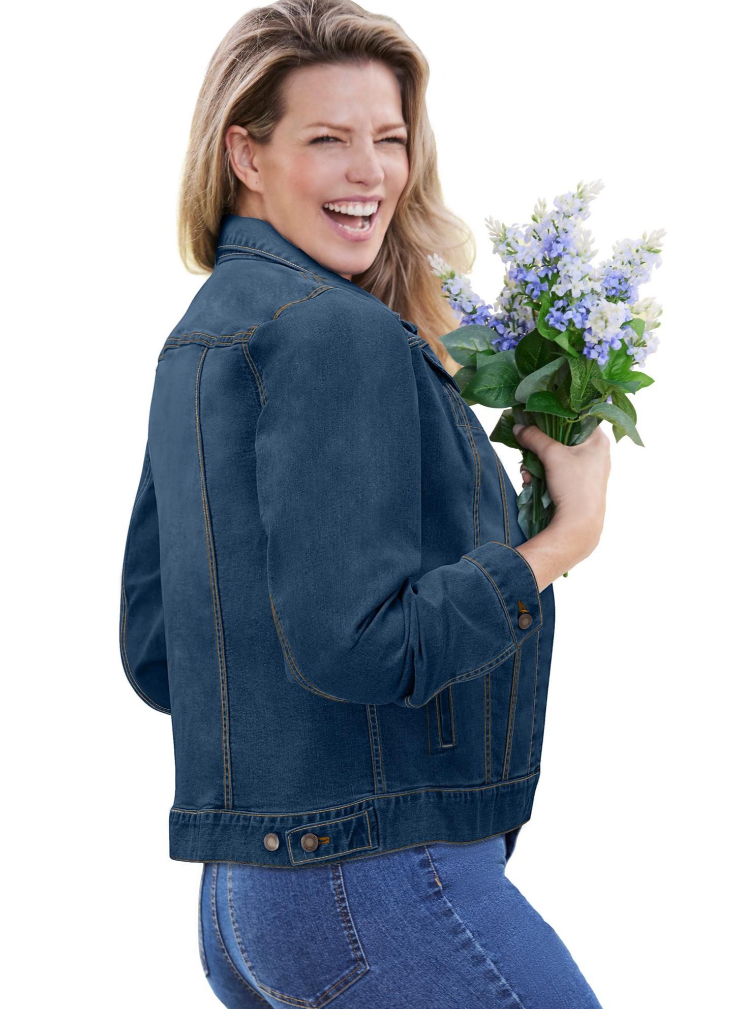 Женская куртка Woman Within Plus Size Stretch Denim Jean, цвет: Средний стоунвош — фото 3
