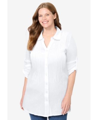 Plus Size Pintucked Button Down Gauze Shirt