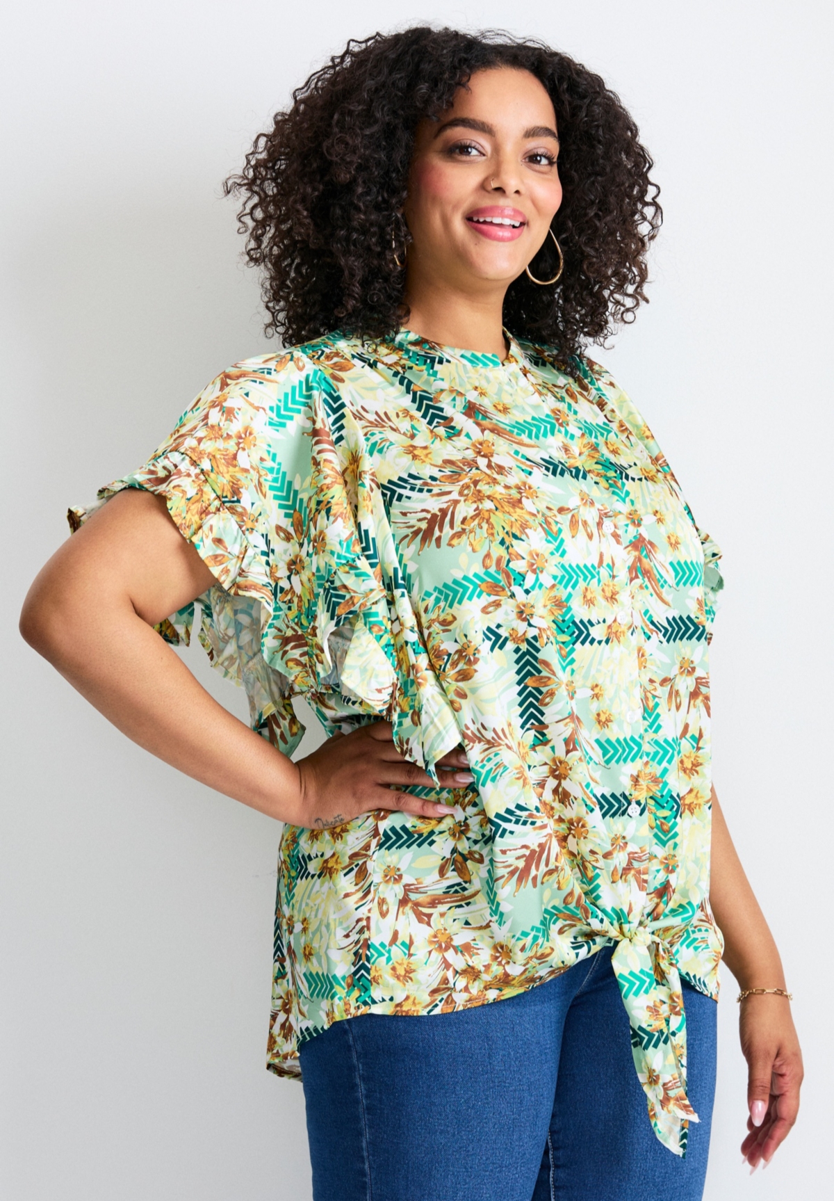 Avenue Women's Tie Front Scarf Sleeve Blouse