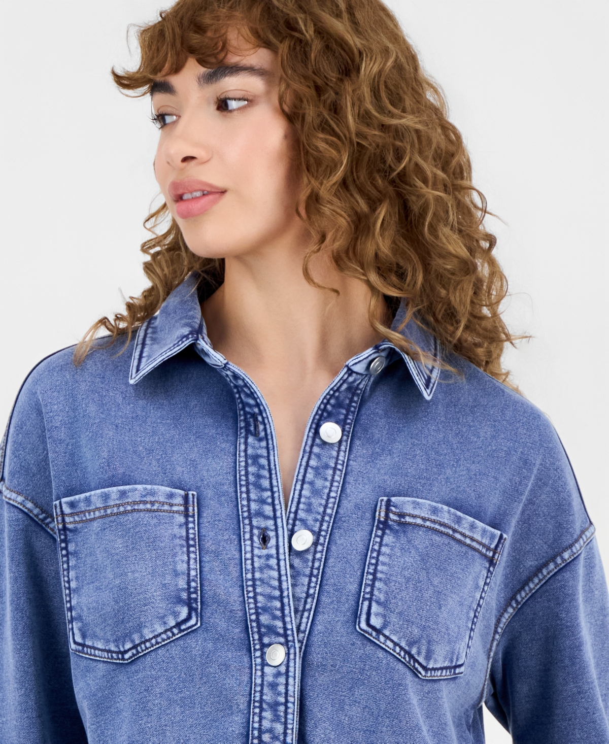 And Now This Petite Faux-Denim Knit Button-Front Shacket, Macy's Exclusive
