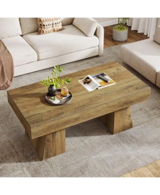 Farmhouse Coffee Table, 47 Inches Wooden Rectangular Accent Center Tables with Thick Base, Modern Low Cocktail Tea
