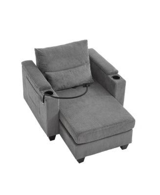 Convertible Chaise Lounge 37.4 Inches Sofa Chair Sofa Bed Corduroy Sleeper with USB Ports , Two Cup Holders, Phone Holder and Ample Storage Space