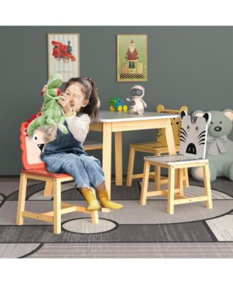 23.6"5 Piece Kiddy Table and Chair Set , Kids Wood Table with 4 Chairs Set Cartoon Animals (bigger table) (3-8 years old) White
