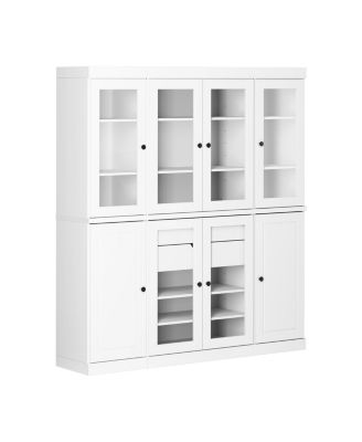 100% Solid Wood Pantry China Cabinet, Raised Panel & Clear Glass Doors, 2 Drawers, Adjustable Shelves, 65" Wide, 71.5" Tall
