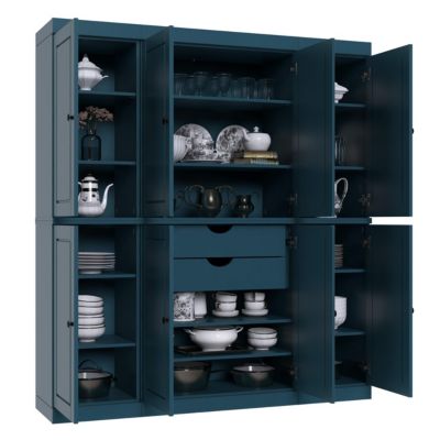 100% Solid Wood Tall Kitchen Pantry Storage Cabinet with Raised Panel Doors, 2 Drawers