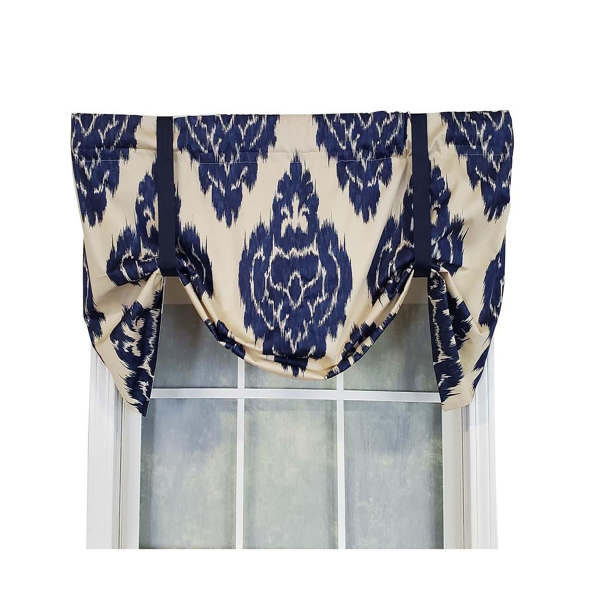 Rlf Home Flame Large Damask Flame Design Tie-Up Window Treatment Valance 3" Rod Pocket 50" x 23" Navy Blue/Ivory
