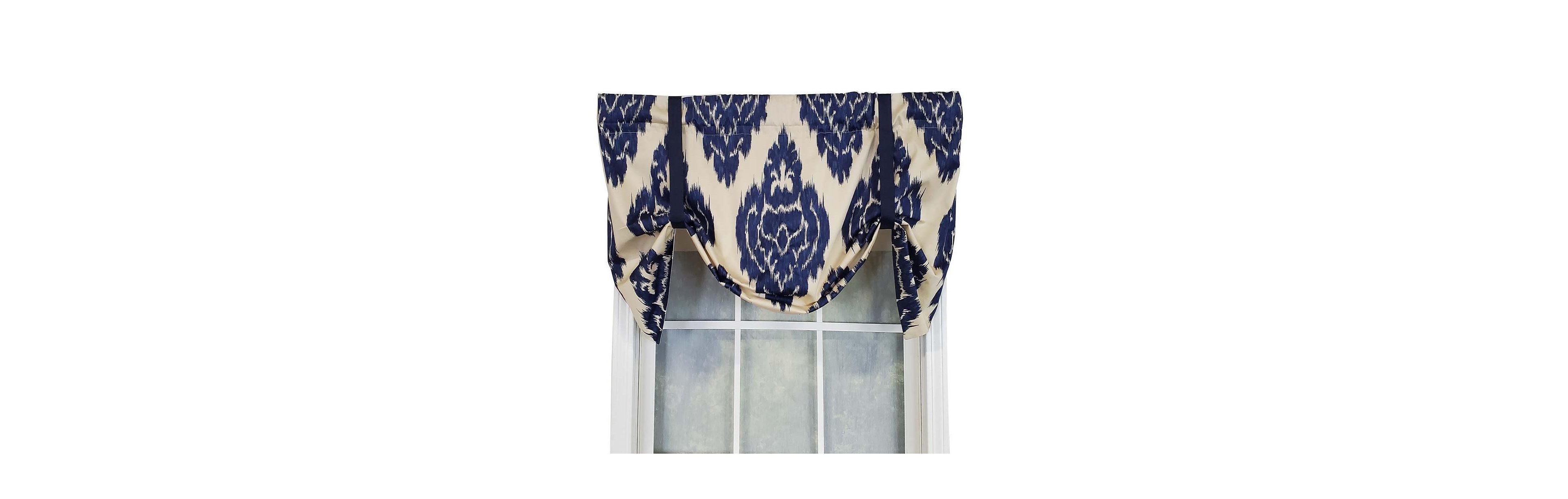 Rlf Home Flame Large Damask Flame Design Tie-Up Window Treatment Valance 3" Rod Pocket 50" x 23" Navy Blue/Ivory