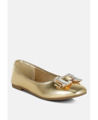 Womens Navik Rhinestone Buckle Metallic Ballerinas