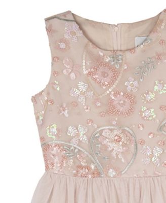 Girls' 7-16 Embellished Mesh Bodice and Tiered Sleeveless Hi-Low Skirt Dress