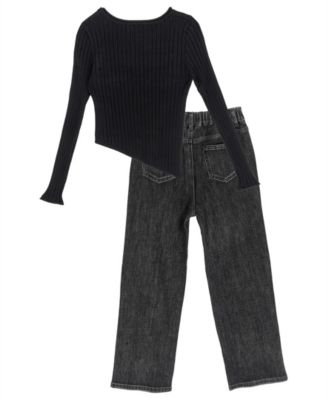 Girls' 7-16 Asymmetrical Top with Rhinestone Embellished Wide Leg Denims, 2-Piece Set