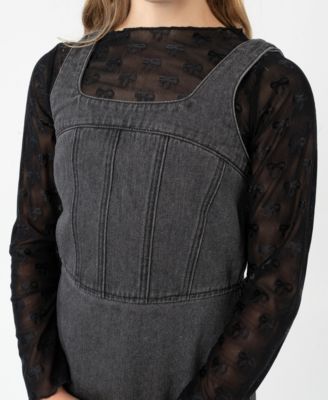 Girls' 7-16 Mesh Long-Sleeve Top and Denim Jumper, 2-Piece Set