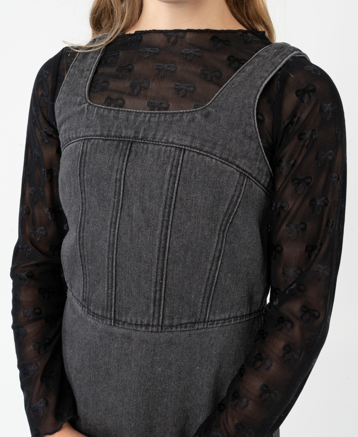 Rare Editions Girls 7-16 Mesh Long-Sleeve Top and Denim Jumper, 2-Piece Set