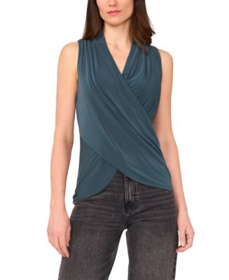 Vince Camuto Women’s Fringed Mock Neck Sleeveless Blouse – Lightweight Polyester Tie-Front Top