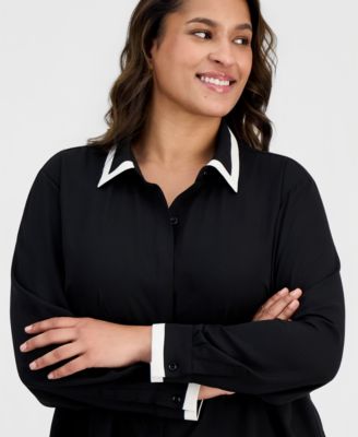 Plus Size Spread-Collar Button-Front Blouse 
