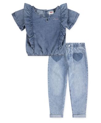 Levi's - Girls 4-6X 2-Piece Ruffle Round Neck Top and Heart Pocket Pants Set