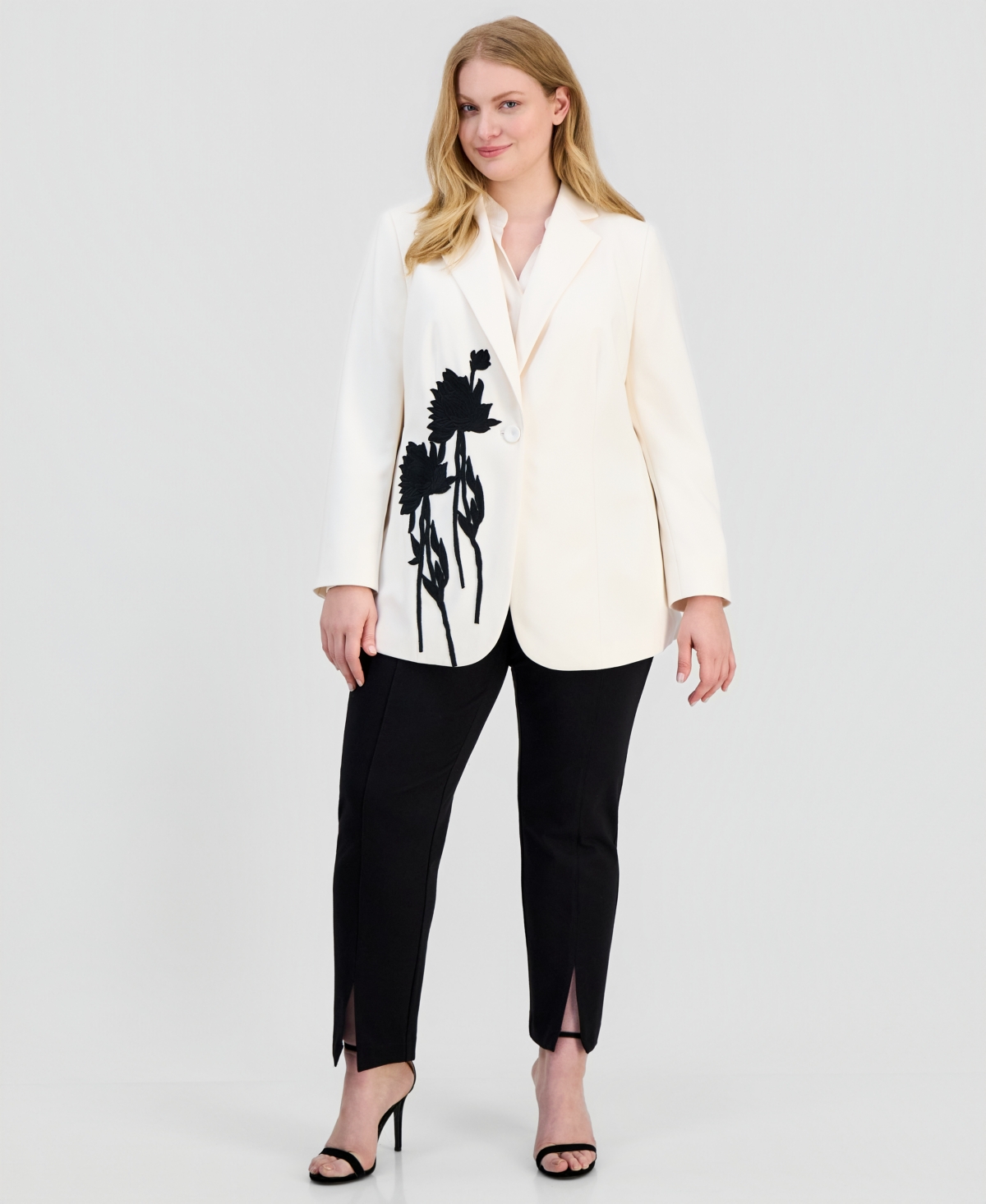 Anne Klein Plus Floral Applique Notched Collar Blazer