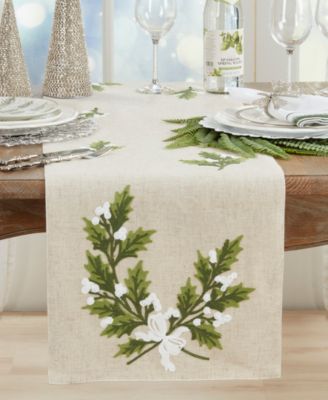 Linen Blend Holly Leaves Table Runner, 16" x 70"