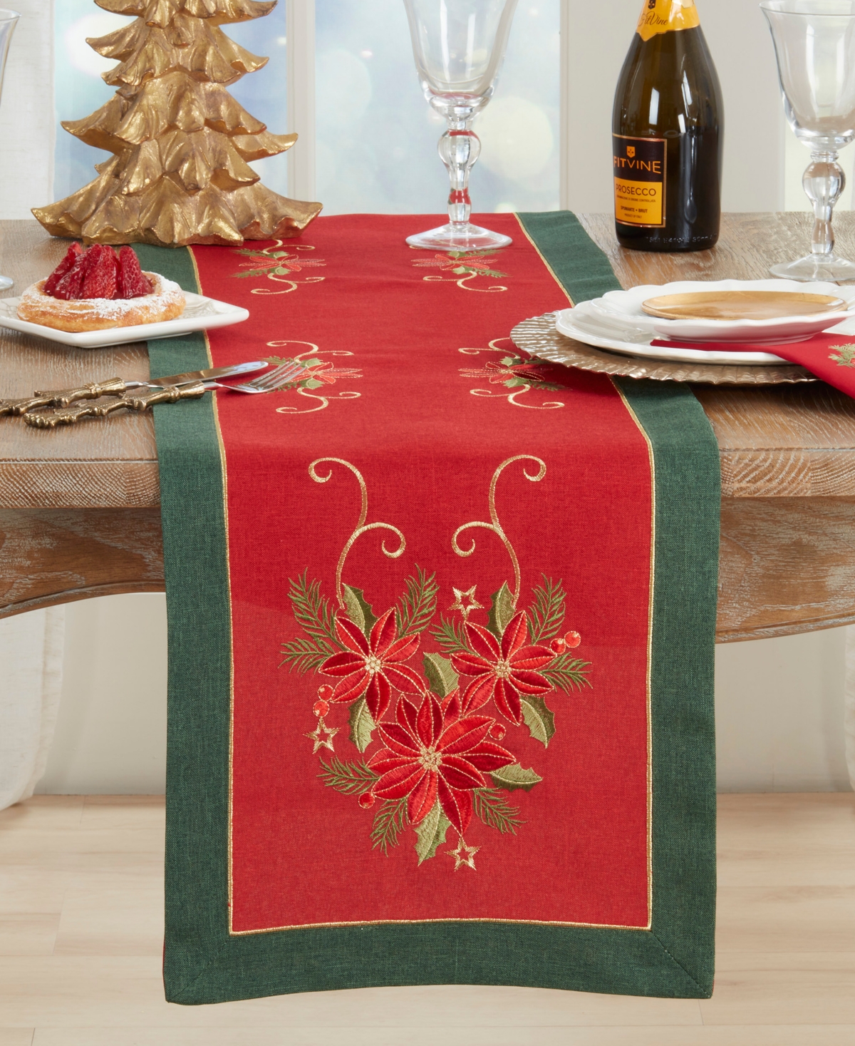 Saro Lifestyle Embroidered Poinsettia Table Runner, 16" X 72" In Red