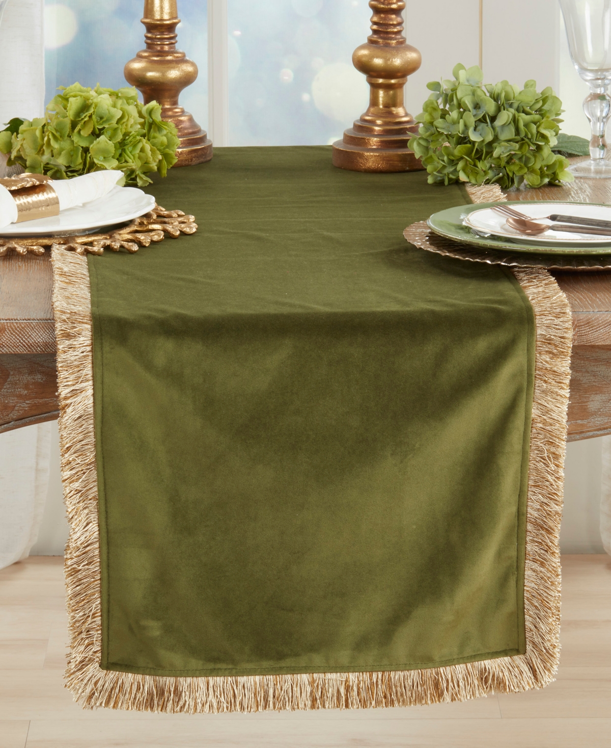 Saro Lifestyle Velvet Fringe Table Runner, 16" X 72" In Green