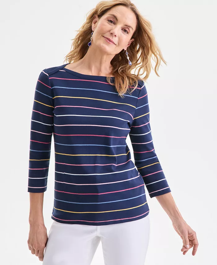 Women's Printed Pima Cotton 3/4 Sleeve Boat-Neck Top