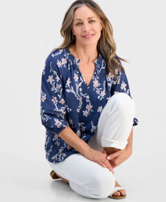 Petite Smock-Neck Floral-Print Blouse, Macy's Exclusive 