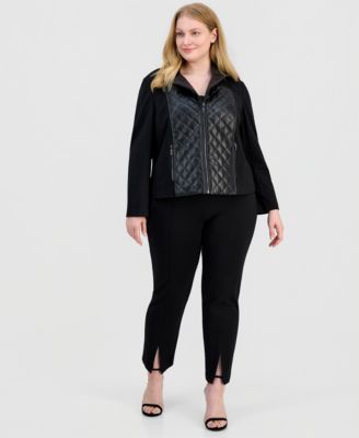 Plus Size Faux-Leather Mixed-Media Quilted-Front Moto Jacket