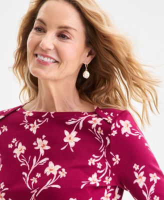 Petite Pima Floral Sketch Boat Neck Top, Macy's Exclusive