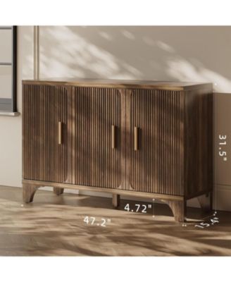 47-Inch Mid-Century Modern Buffet Cabinet with Fluted Doors &amp;#x2013; 3-Door Sideboard Credenza for Kitchen, Dining, or Living Room
