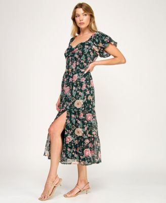 Juniors' Puff Sleeve Twist Front Midi Dress