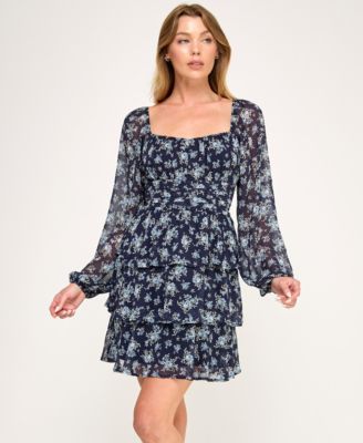 Juniors' Long-Sleeve Pleated Waist Dress