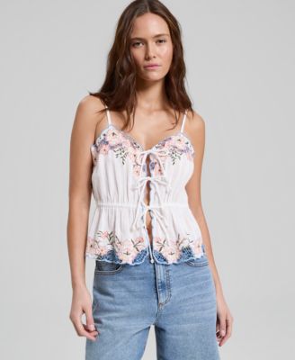 Women's Cotton Embroidered Tie-Front Peplum Tank Top, Macy's Exclusive