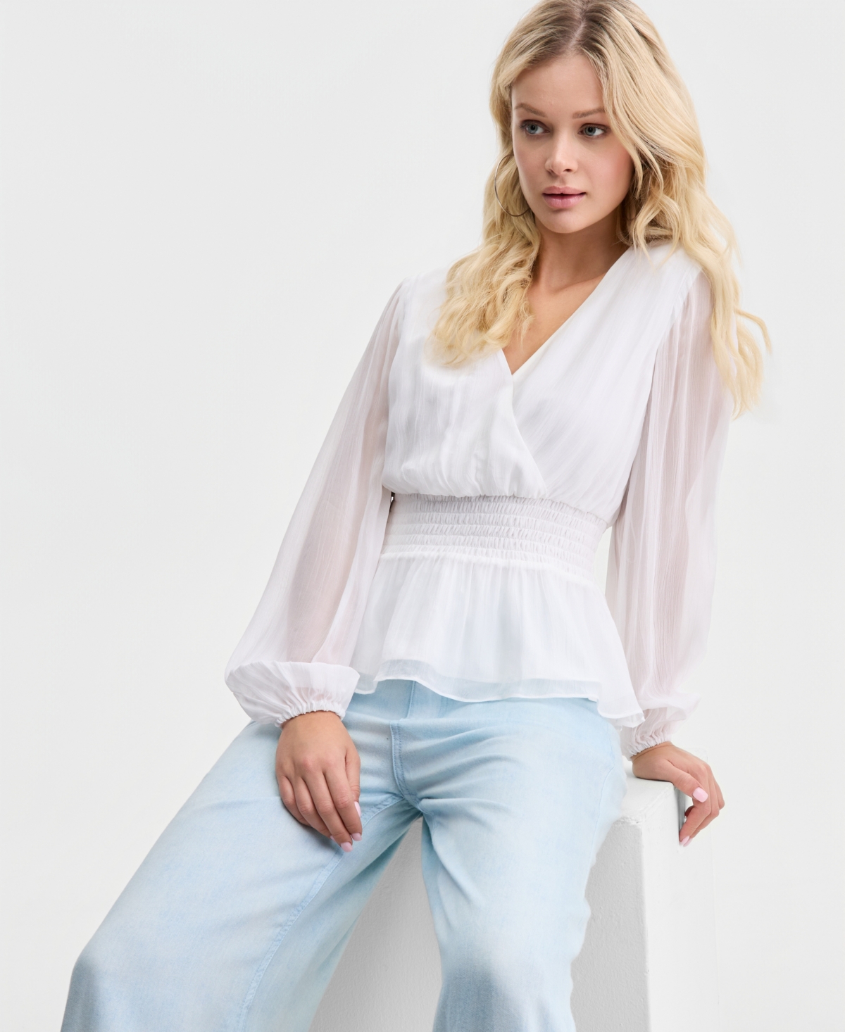 Guess Women's Mishka Chiffon Smocked Peplum-hem Blouse In White