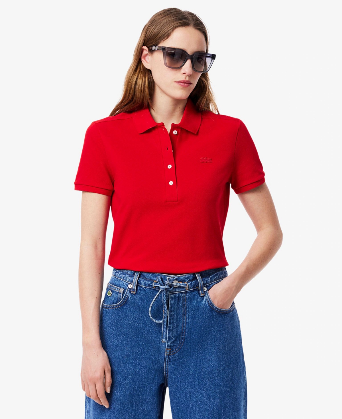Lacoste Usa Women's Short Sleeves Slim-fit Polo Top In Red