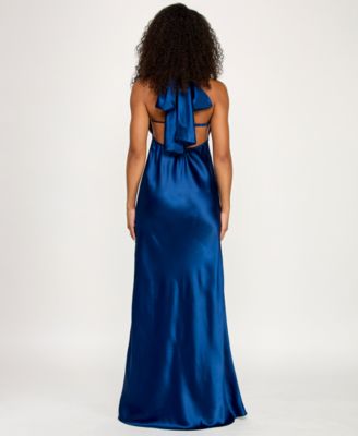 Juniors' Satin Cowl-Neck Halter Gown